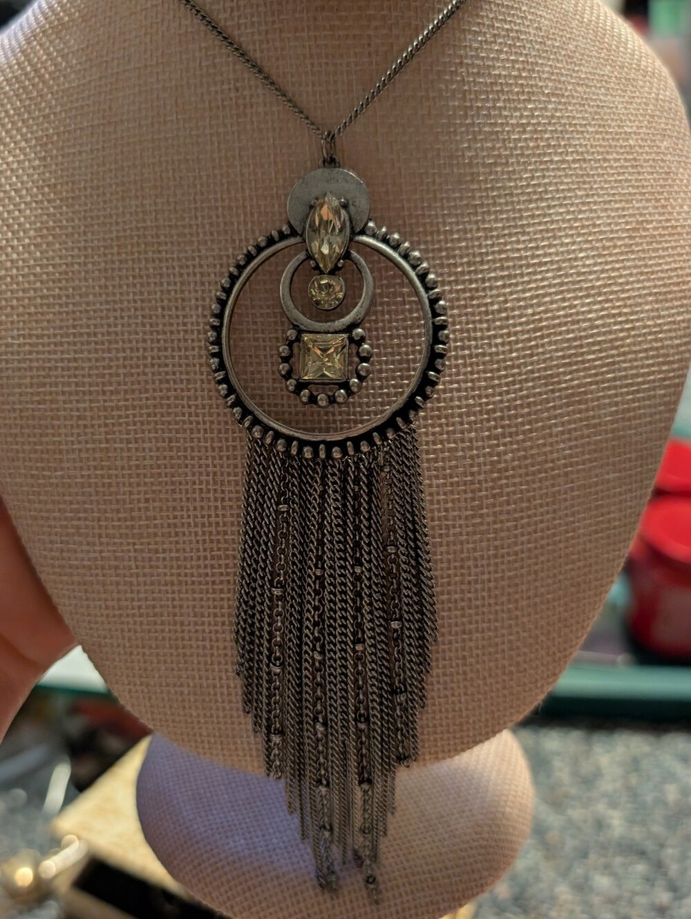 Silver-Tone Fringe Pendant Necklace - Light Green Gems